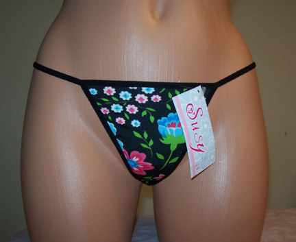 Black g string with flowers pattern.