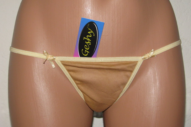 Front view of bronze and yellow thong