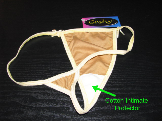 Thong showing cotton intimate protector.