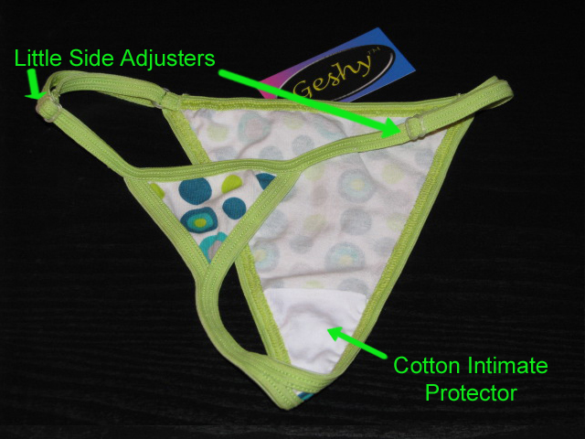 View of thong with adjustable sides and cotton intimate protector.