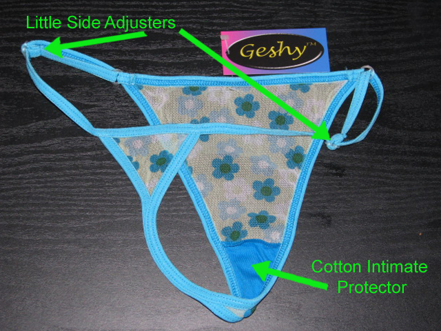 Thong with side adjusters and cotton intimate protector.