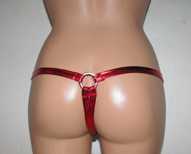 Back view of red thong with rings.