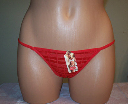 Red thong with rectangle pattern.