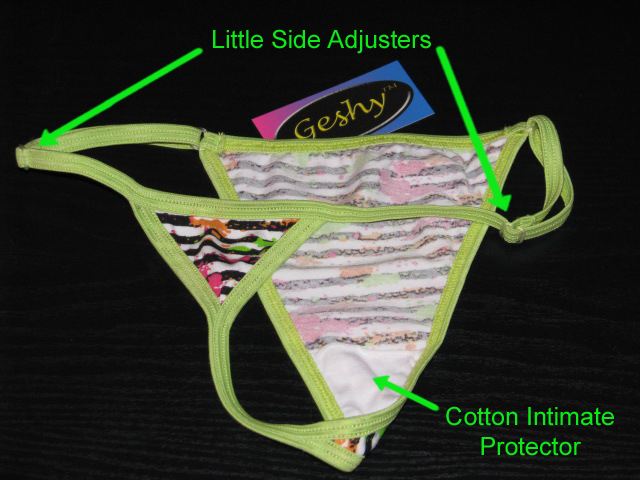 Photo of thong showing adjustable sides and cotton intimate protector.