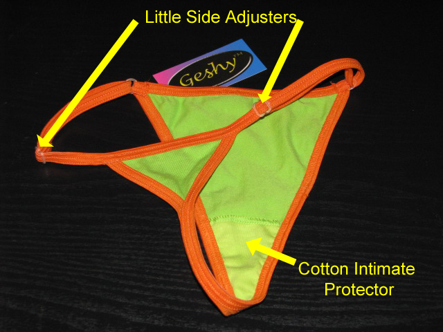 Thong with side adjusters and cotton intimate protector.